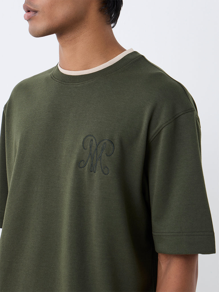 Nuoflexx Dark Olive Contrast-Detail Relaxed-Fit Cotton-Blend T-Shirt