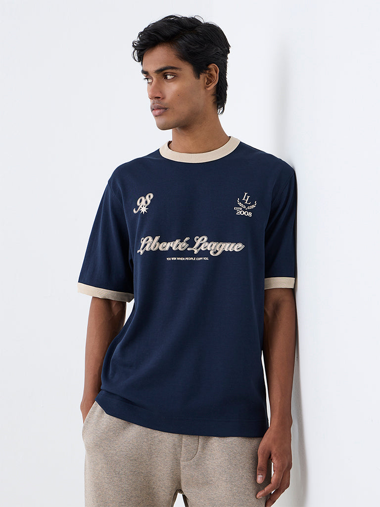 Nuoflexx Navy Text Design Relaxed-Fit Cotton-Blend T-Shirt