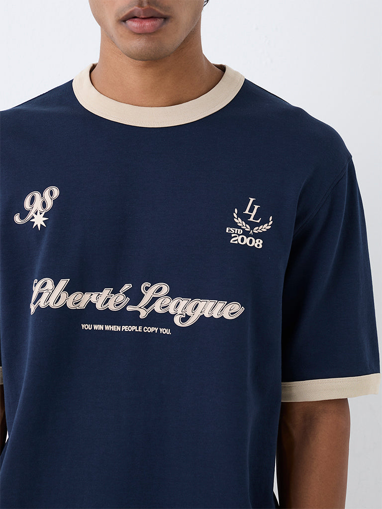 Nuoflexx Navy Text Design Relaxed-Fit Cotton-Blend T-Shirt