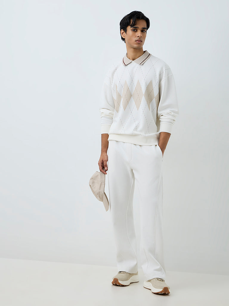 Nuoflexx Off-White Argyle Printed Relaxed-Fit Cotton-Blend Sweatshirt