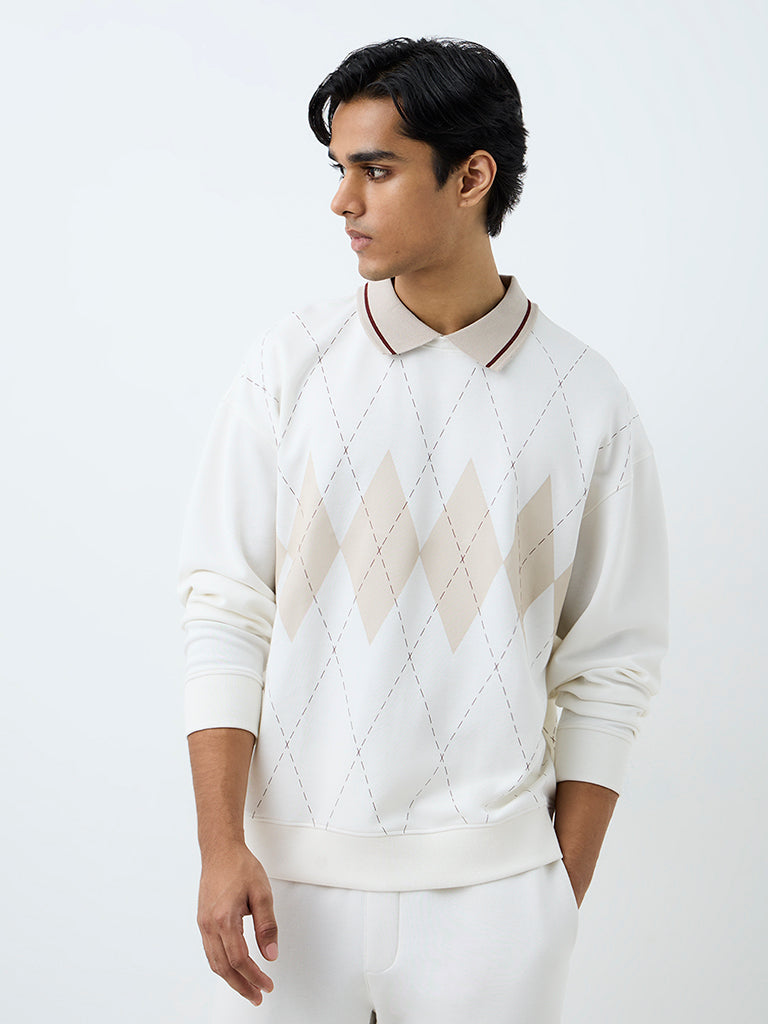 Nuoflexx Off-White Argyle Printed Relaxed-Fit Cotton-Blend Sweatshirt