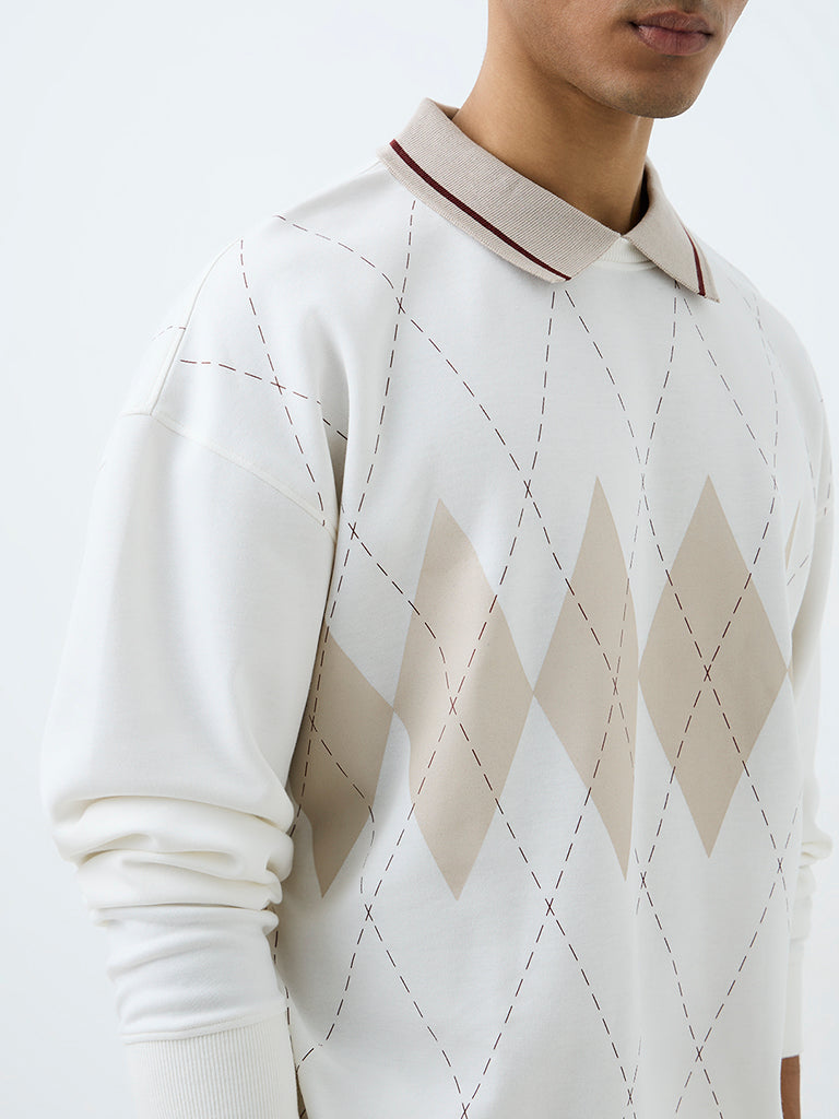 Nuoflexx Off-White Argyle Printed Relaxed-Fit Cotton-Blend Sweatshirt