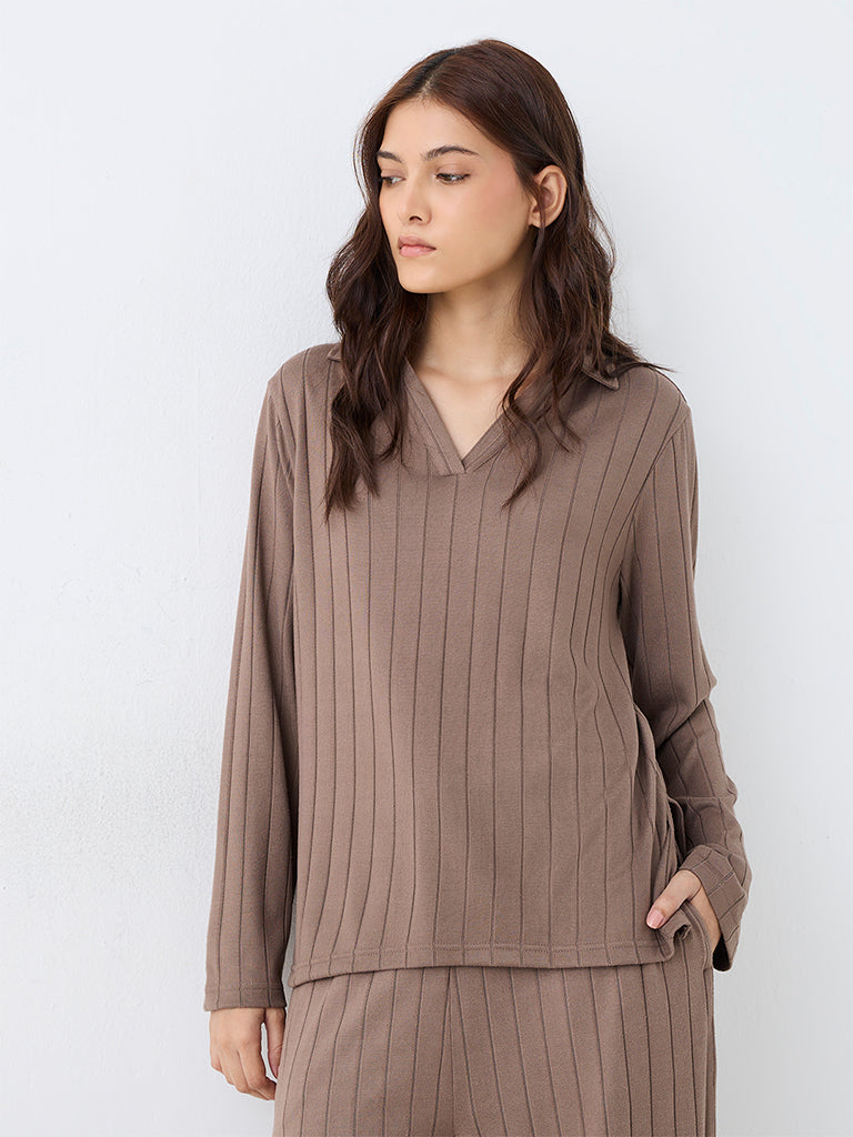 Wunderlove Taupe Self-Striped T-Shirt