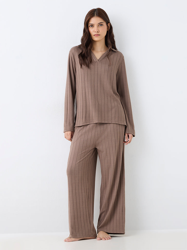 Wunderlove Taupe Self-Striped T-Shirt