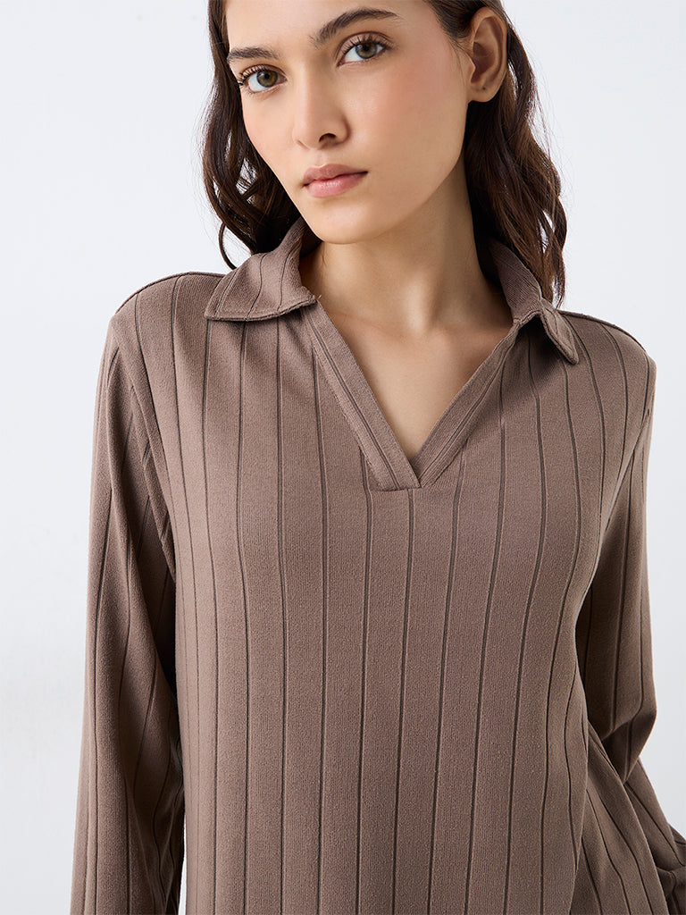 Wunderlove Taupe Self-Striped T-Shirt