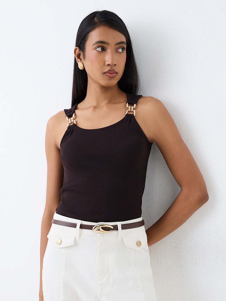 Wardrobe Dark Brown Hardware-Detail Cotton-Blend Top