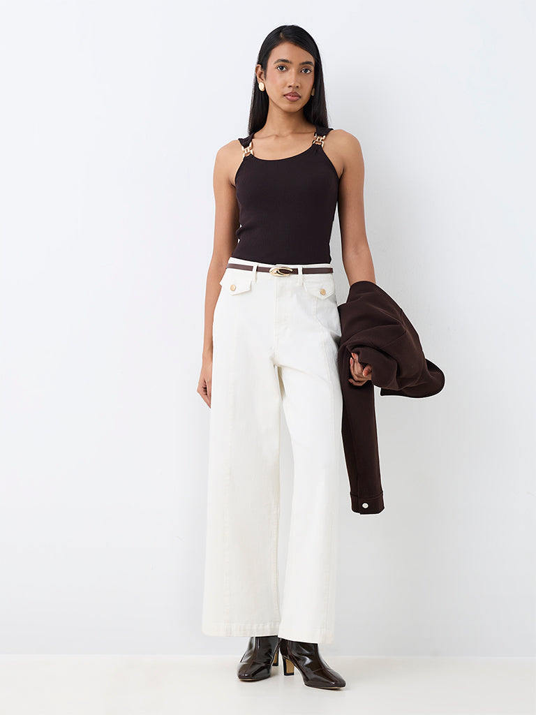 Wardrobe Dark Brown Hardware-Detail Cotton-Blend Top