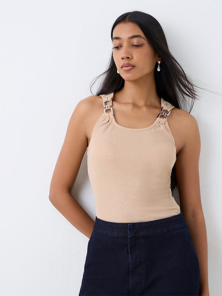 Wardrobe Beige Metal-Detail Ribbed Top
