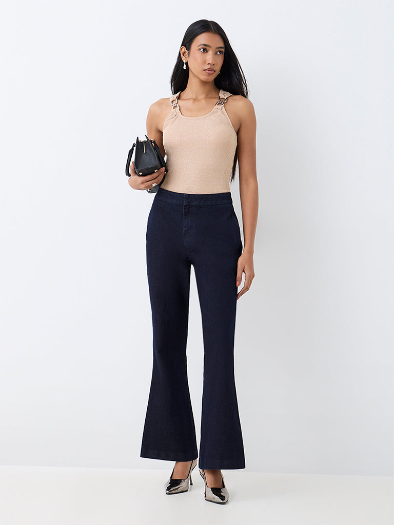 Wardrobe Beige Metal-Detail Ribbed Top