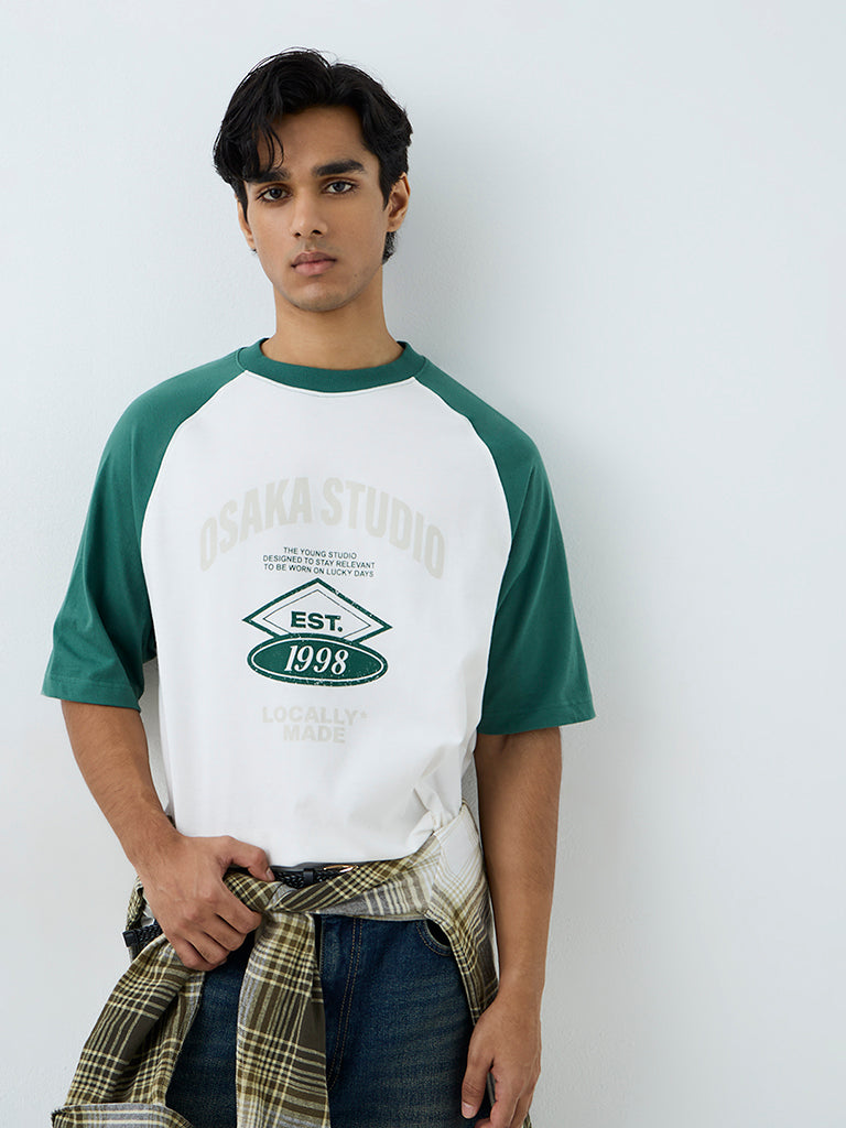 Nuon Green Colour-Blocked Relaxed-Fit Cotton T-Shirt