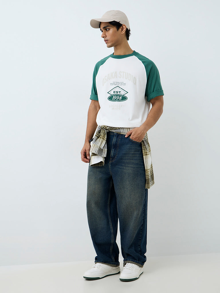 Nuon Green Colour-Blocked Relaxed-Fit Cotton T-Shirt