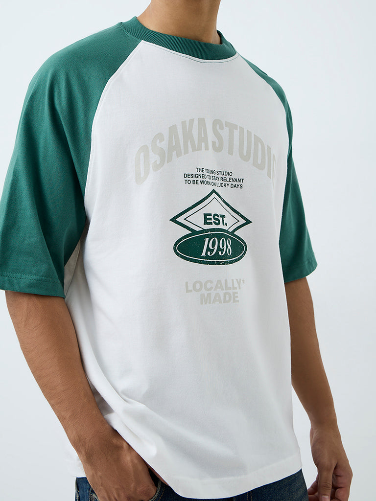 Nuon Green Colour-Blocked Relaxed-Fit Cotton T-Shirt