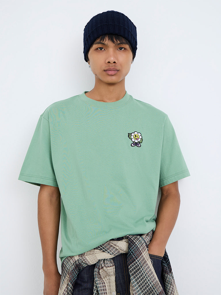 Nuon Light Green Patch Embroidered Relaxed-Fit Cotton T-Shirt