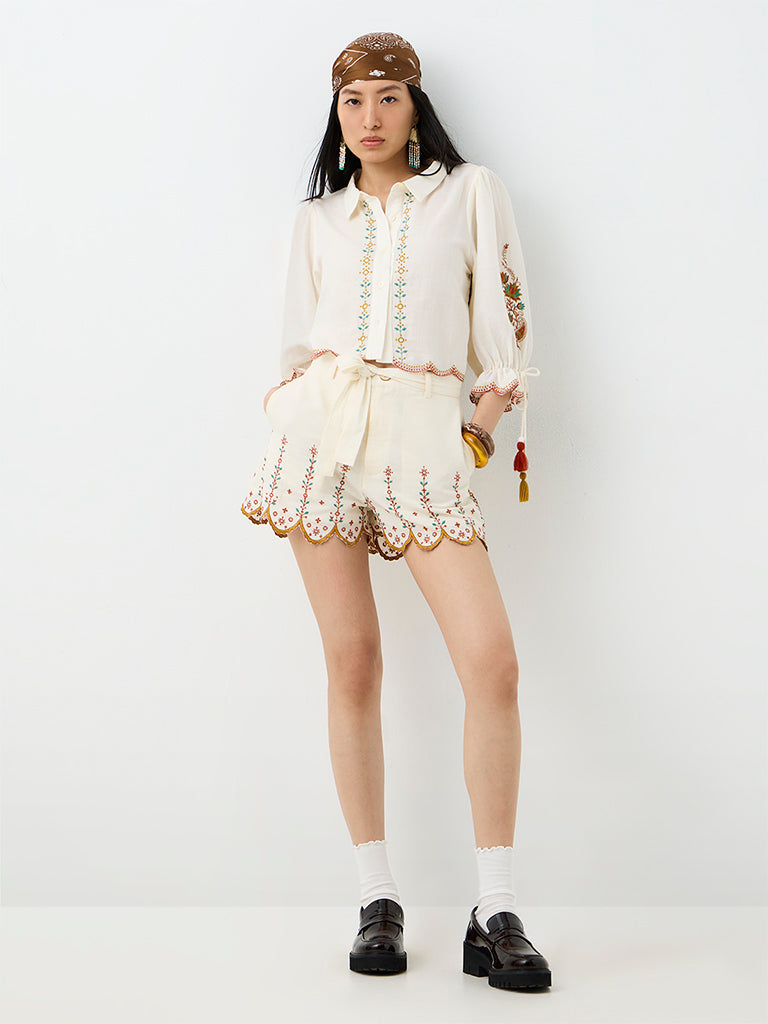 Bombay Paisley Off-White Embroidered High-Rise Cotton-Blend Shorts with Belt