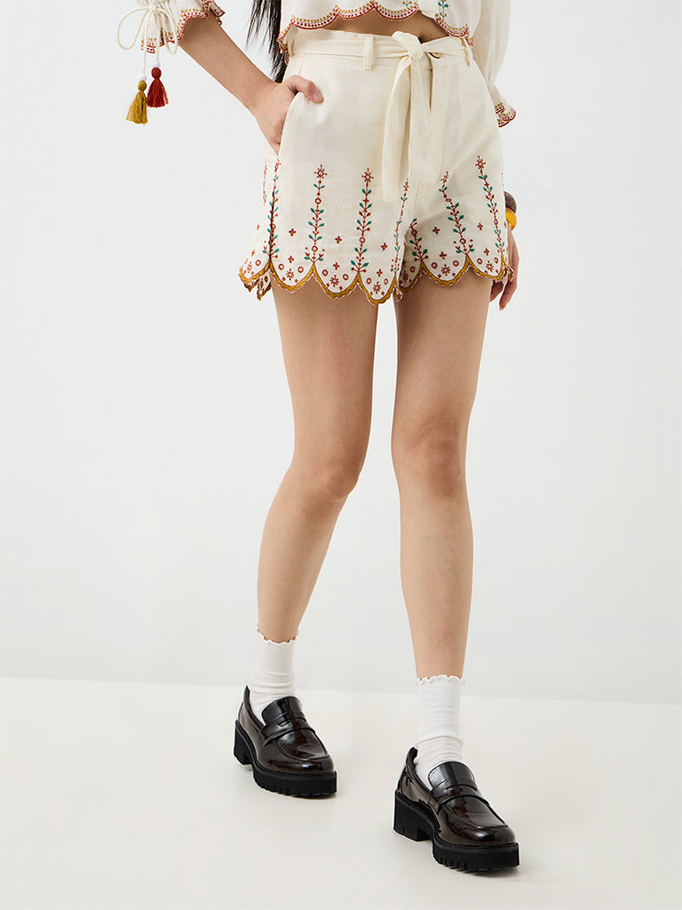 Bombay Paisley Off-White Embroidered High-Rise Cotton-Blend Shorts with Belt