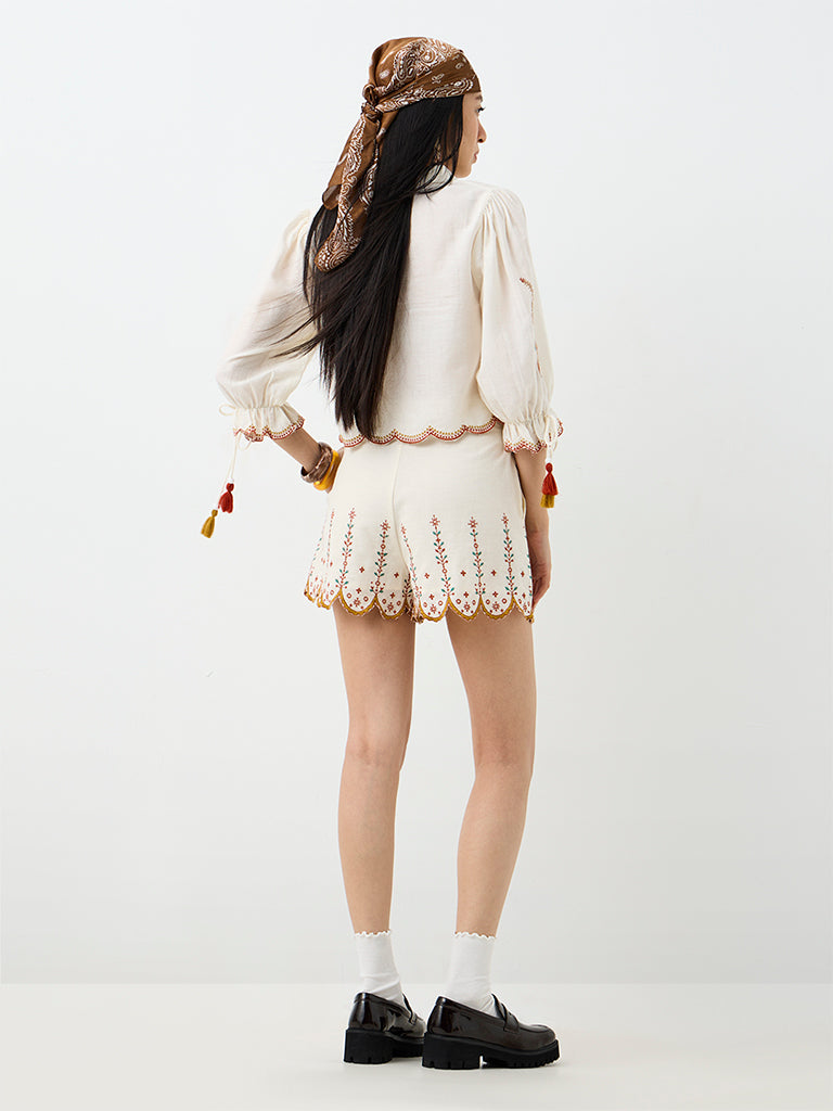 Bombay Paisley Off-White Embroidered High-Rise Cotton-Blend Shorts with Belt