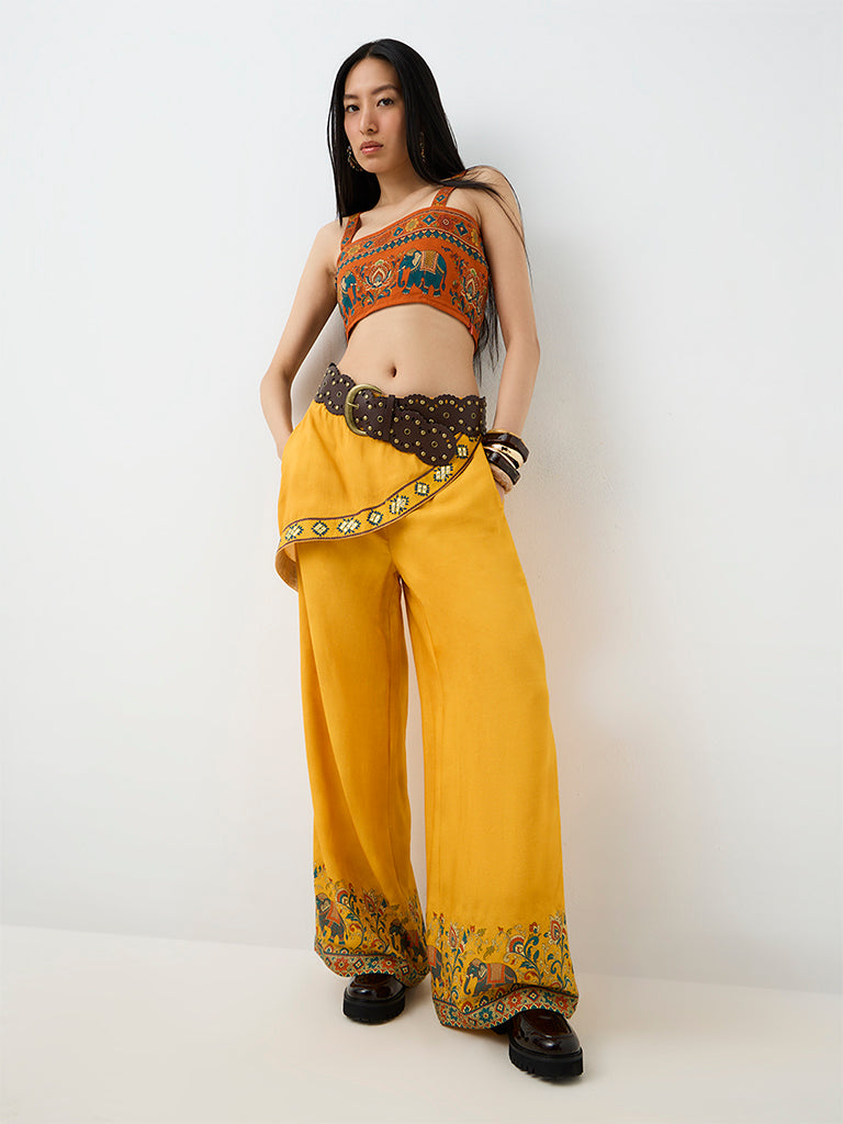 Bombay Paisley Yellow Wrap-Front High-Rise Pants