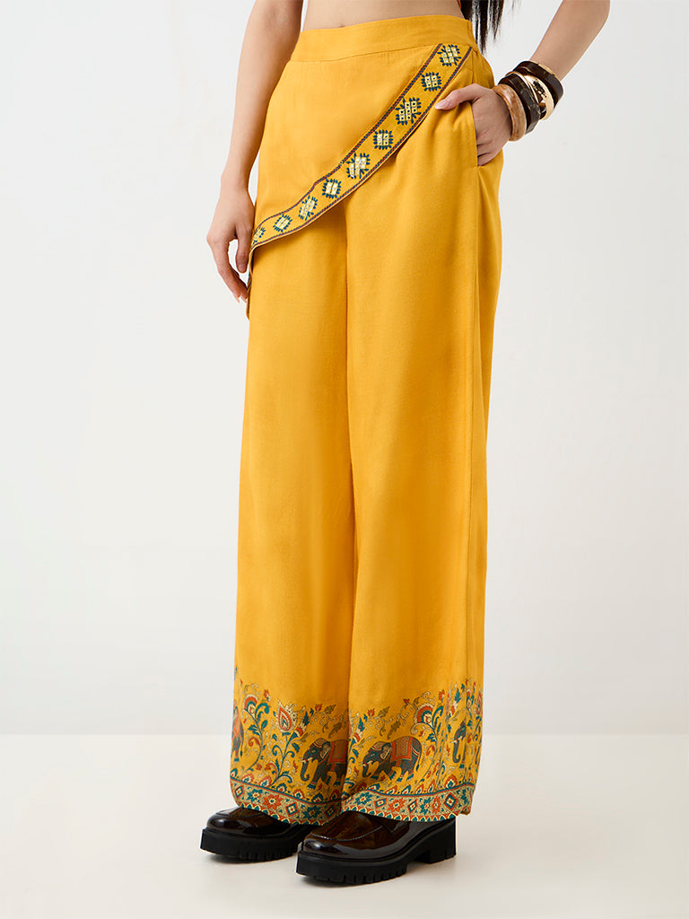 Bombay Paisley Yellow Wrap-Front High-Rise Pants