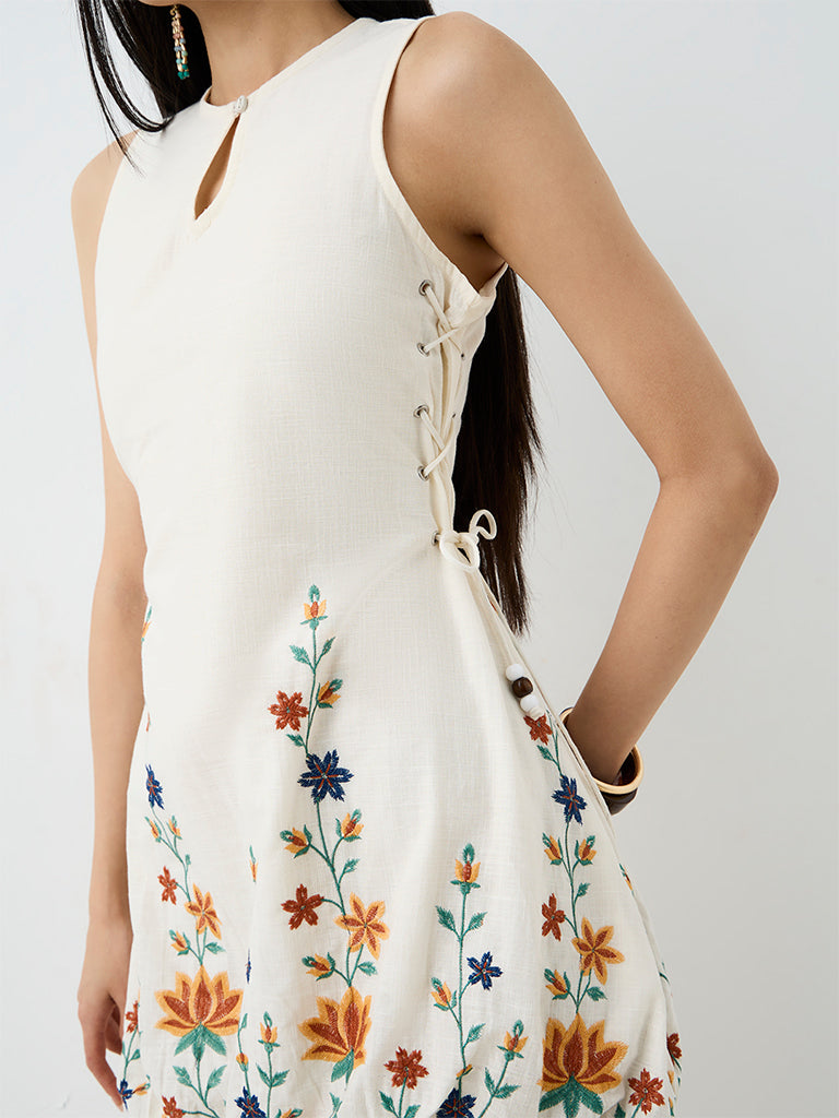 Bombay Paisley Off-White Floral Embroidered Cotton Bubble Dress