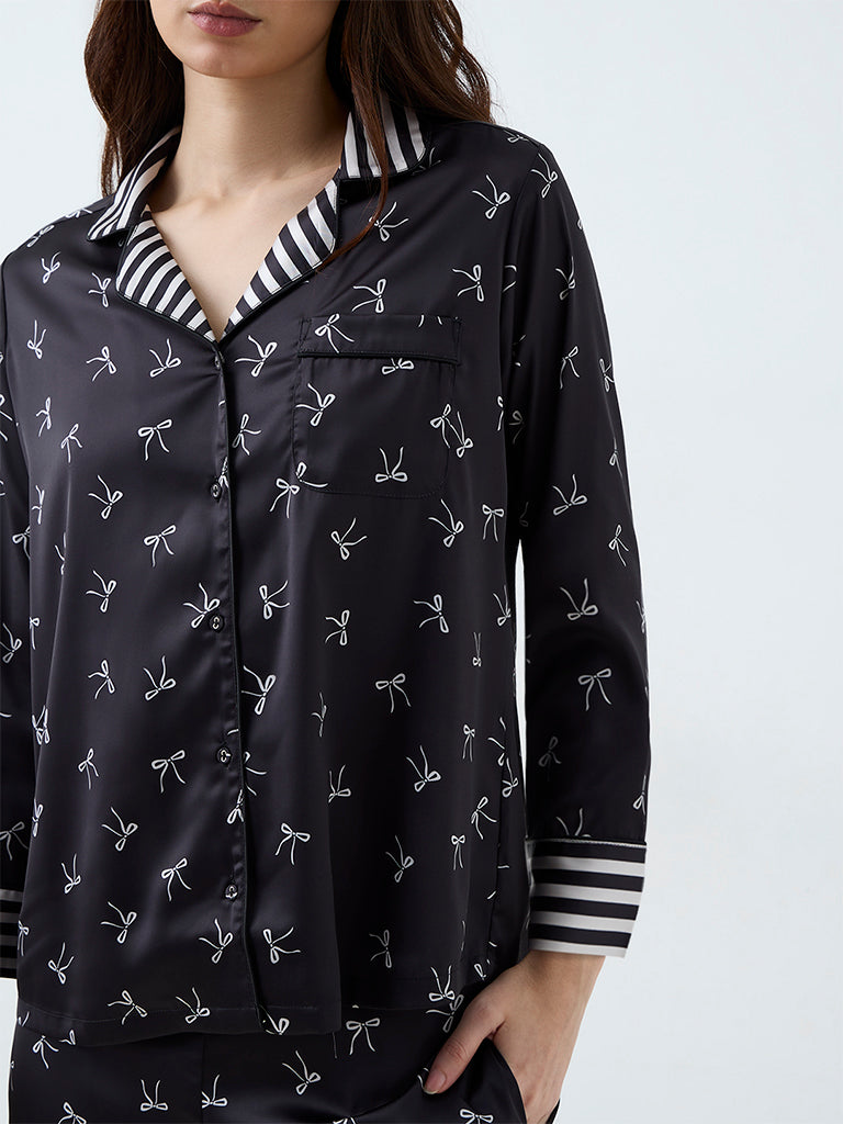 Wunderlove Black Bow Printed Shirt and Payjams Set