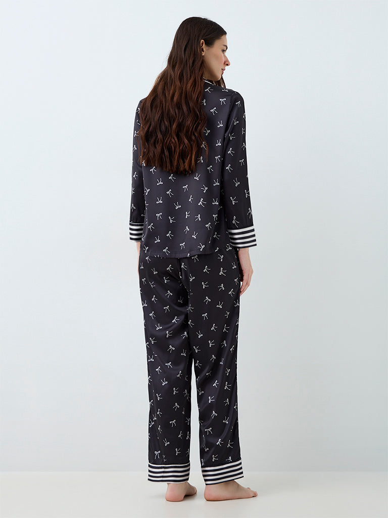 Wunderlove Black Bow Printed Shirt and Payjams Set
