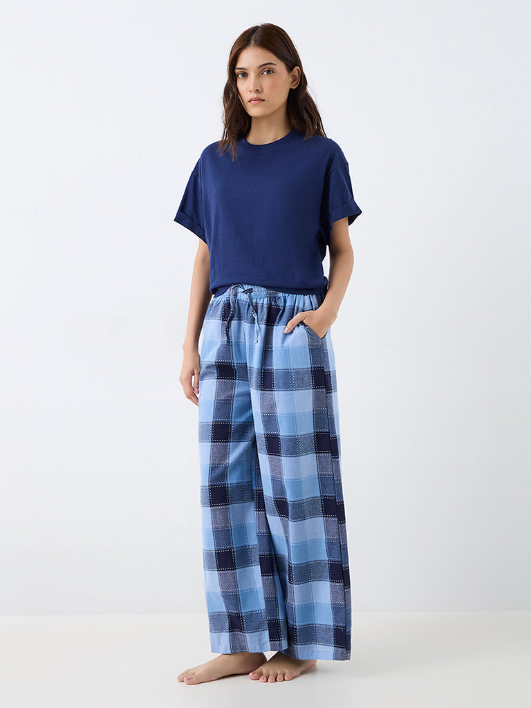 Wunderlove Blue Plaid Checkered High-Rise Cotton Pants