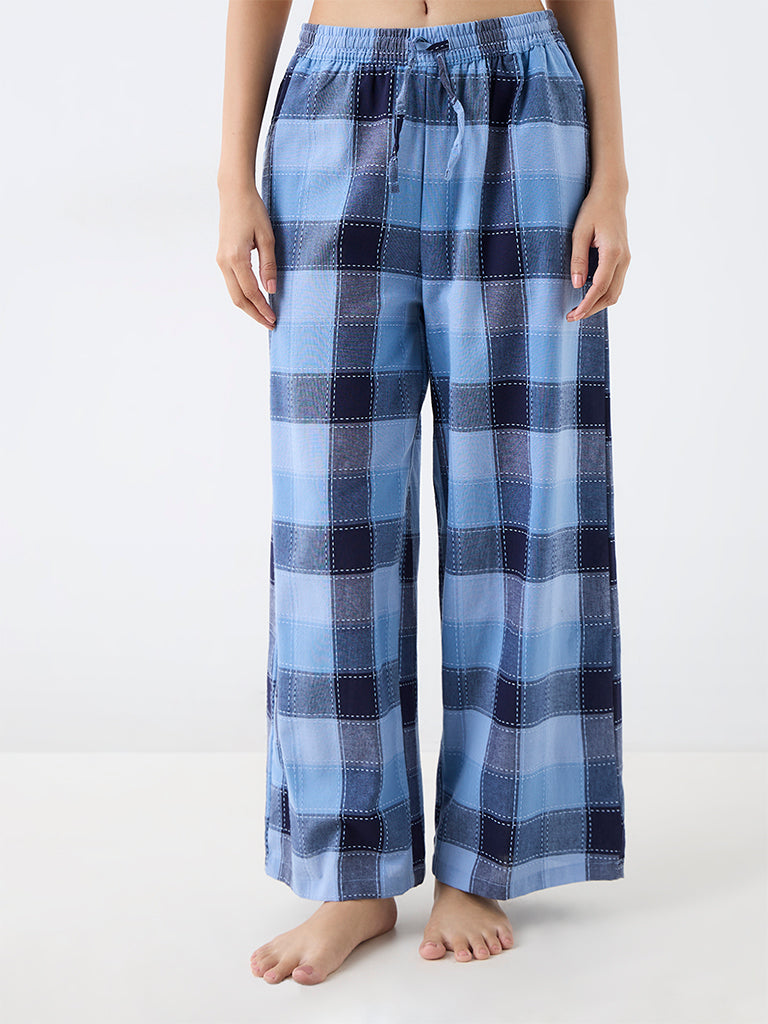 Wunderlove Blue Plaid Checkered High-Rise Cotton Pants