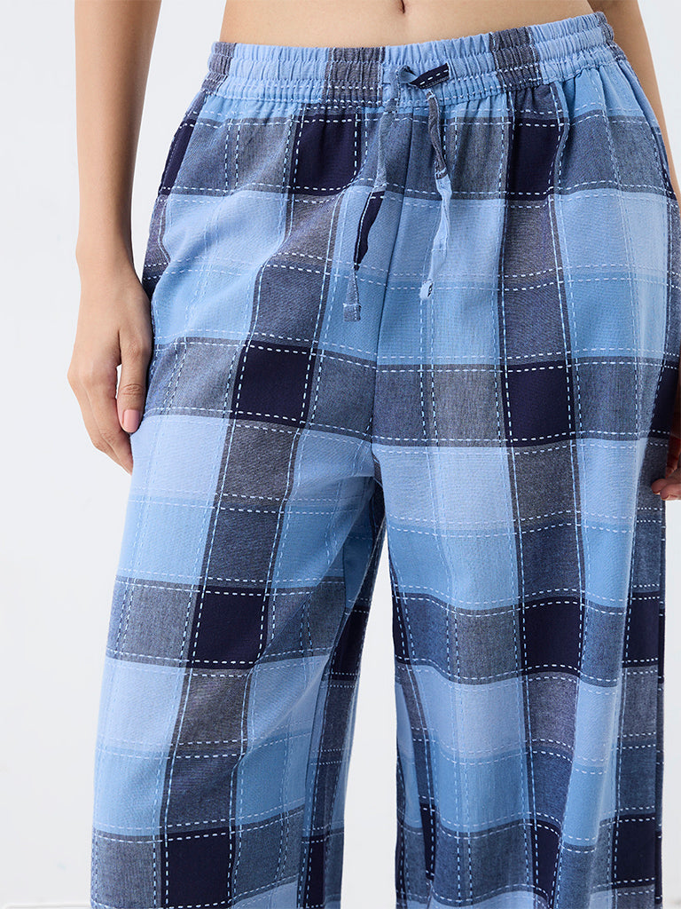 Wunderlove Blue Plaid Checkered High-Rise Cotton Pants