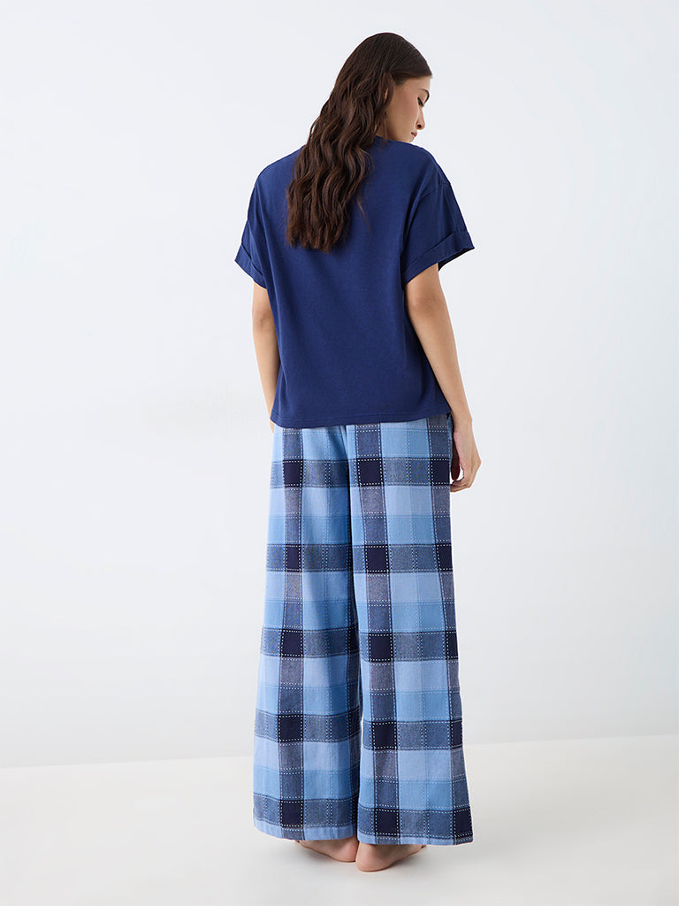 Wunderlove Blue Plaid Checkered High-Rise Cotton Pants