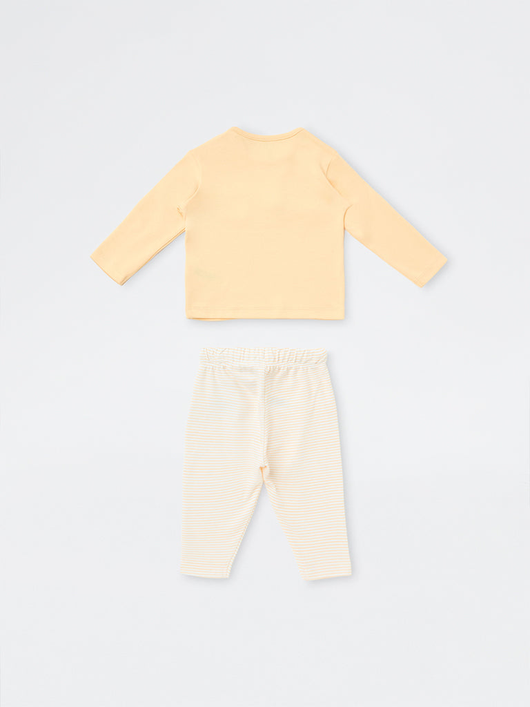 HOP Baby Girls Light Orange Text-Detail Cotton T-Shirt and Pants Set