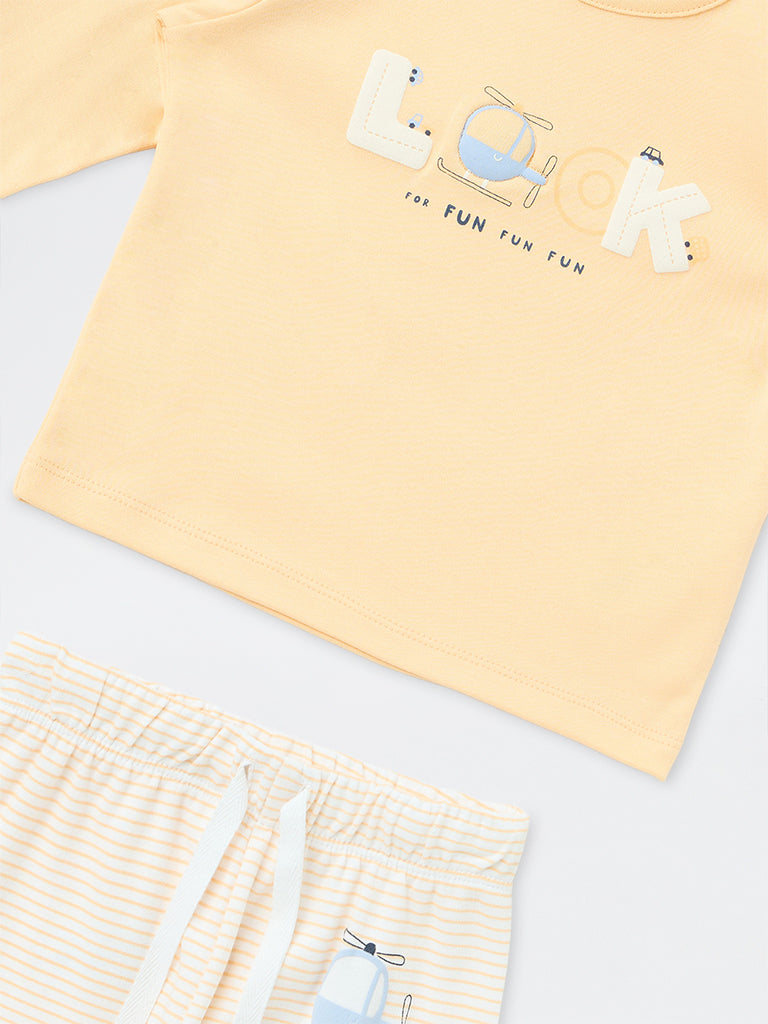 HOP Baby Girls Light Orange Text-Detail Cotton T-Shirt and Pants Set