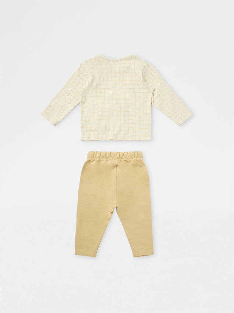 HOP Baby Girls Light Beige Duck Design Cotton T-Shirt and Yellow Pants Set