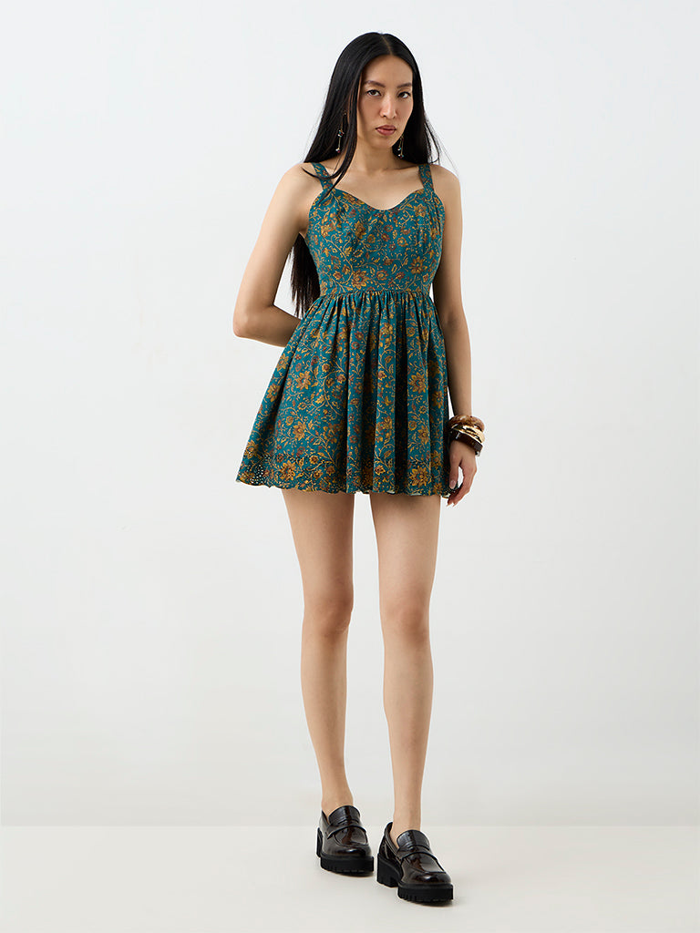 Bombay Paisley Teal Floral Printed Cotton Fit-and-Flare Dress