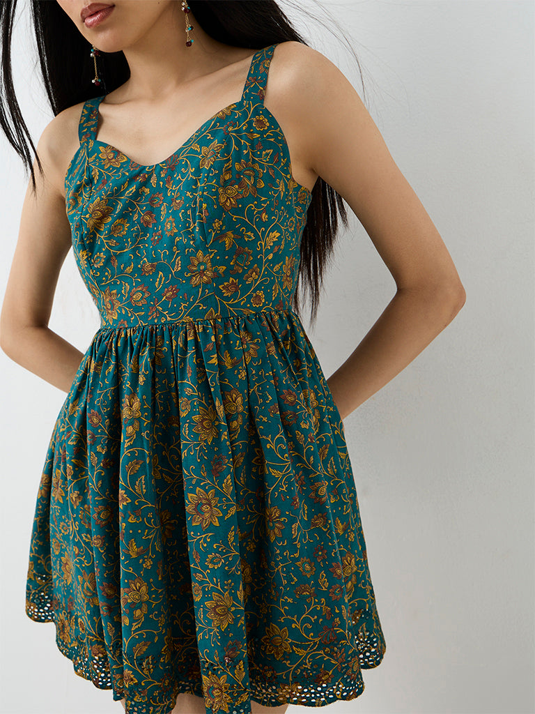 Bombay Paisley Teal Floral Printed Cotton Fit-and-Flare Dress