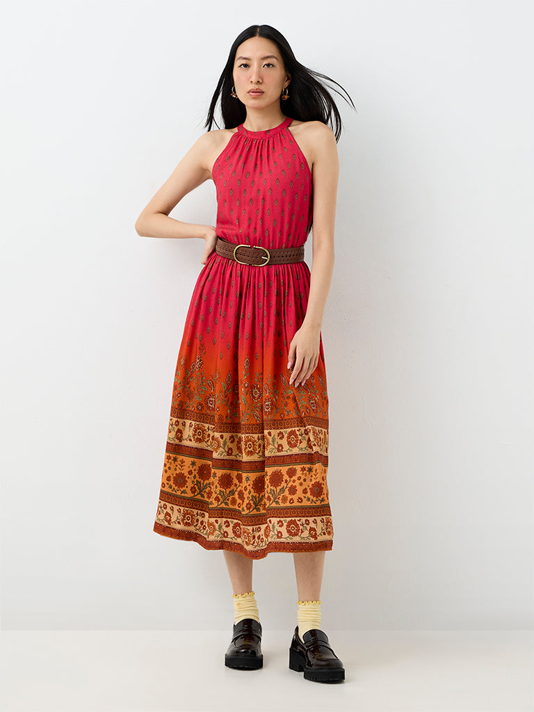 Bombay Paisley Pink Floral Printed Cotton A-Line Dress