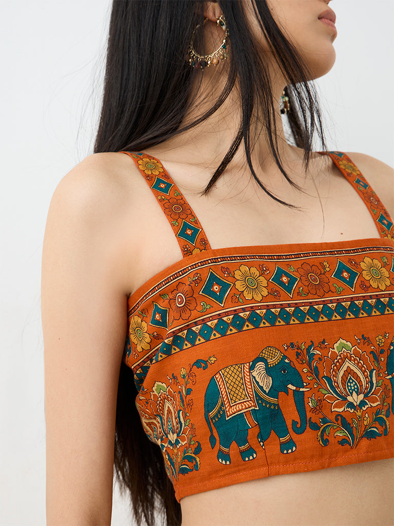 Bombay Paisley Dark Orange Printed Cotton Crop Top