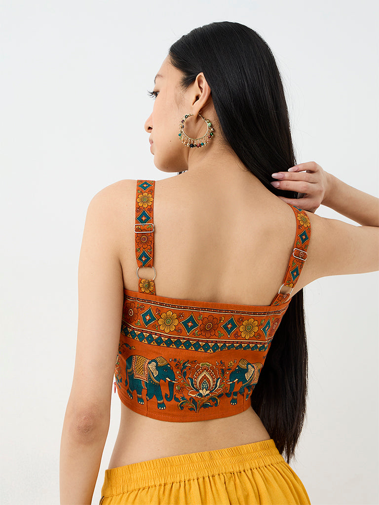 Bombay Paisley Dark Orange Printed Cotton Crop Top