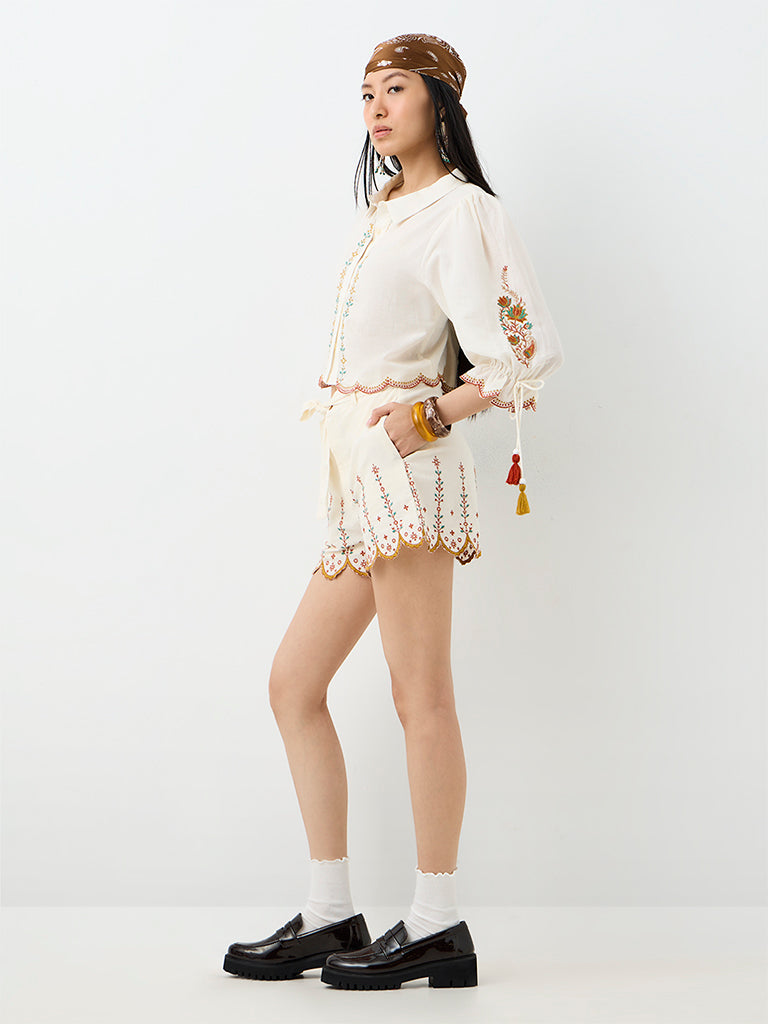 Bombay Paisley Off-White Floral Embroidered Cotton Blouse