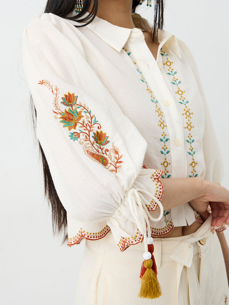 Bombay Paisley Off-White Floral Embroidered Cotton Blouse