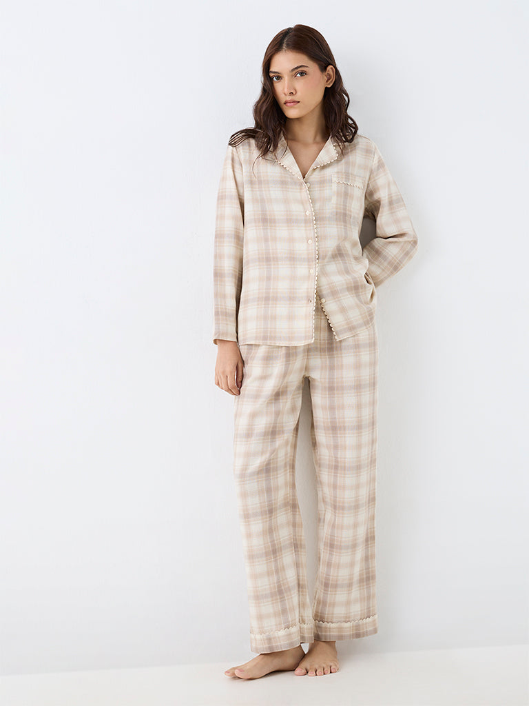 Wunderlove Light Beige Checkered Cotton Shirt and Pyjama Sets