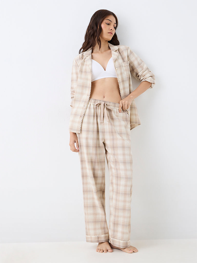 Wunderlove Light Beige Checkered Cotton Shirt and Pyjama Sets