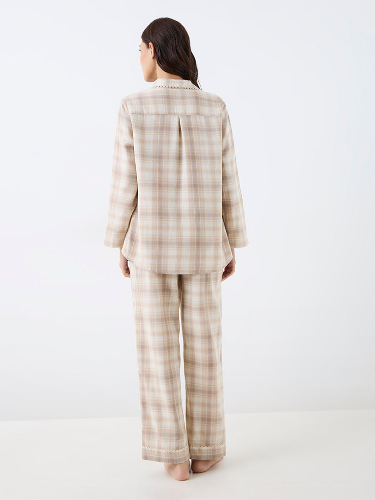 Wunderlove Light Beige Checkered Cotton Shirt and Pyjama Sets