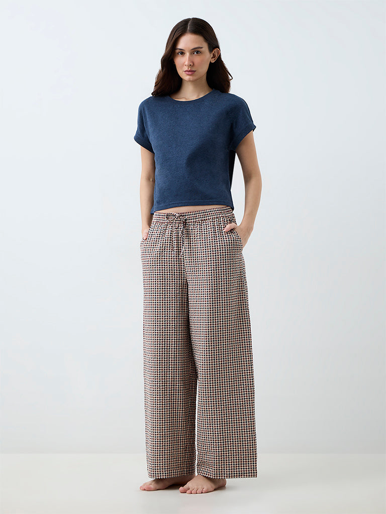 Wunderlove Brown Gingham Checkered High-Rise Cotton Pants