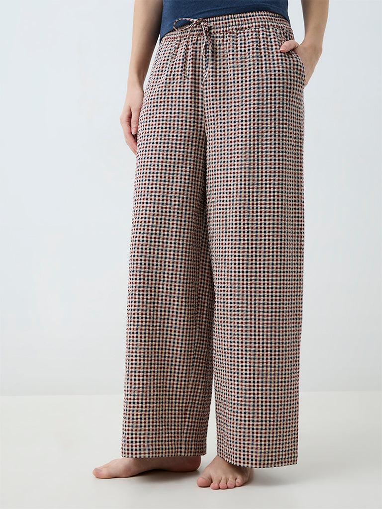 Wunderlove Brown Gingham Checkered High-Rise Cotton Pants