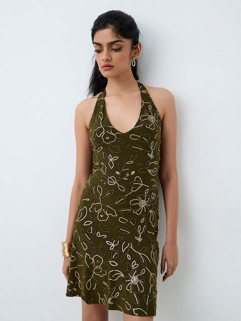 Nuon Olive Floral Embellished A-Line Dress