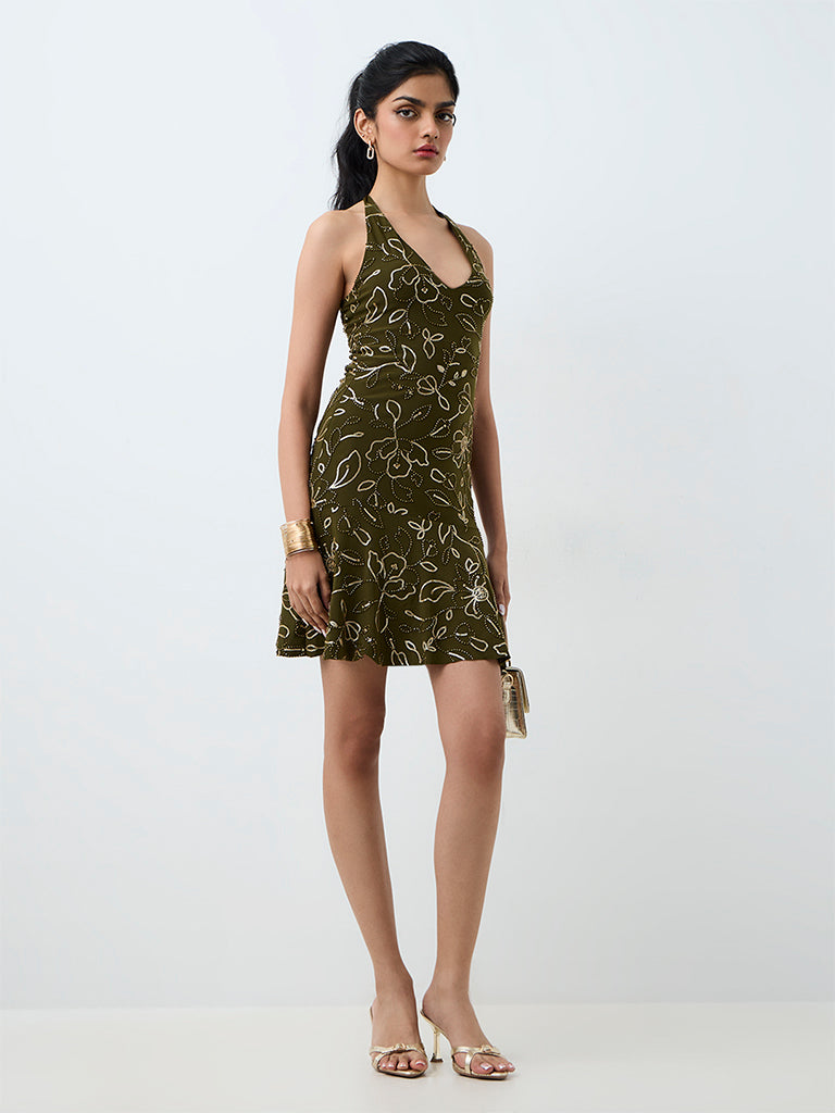 Nuon Olive Floral Embellished A-Line Dress