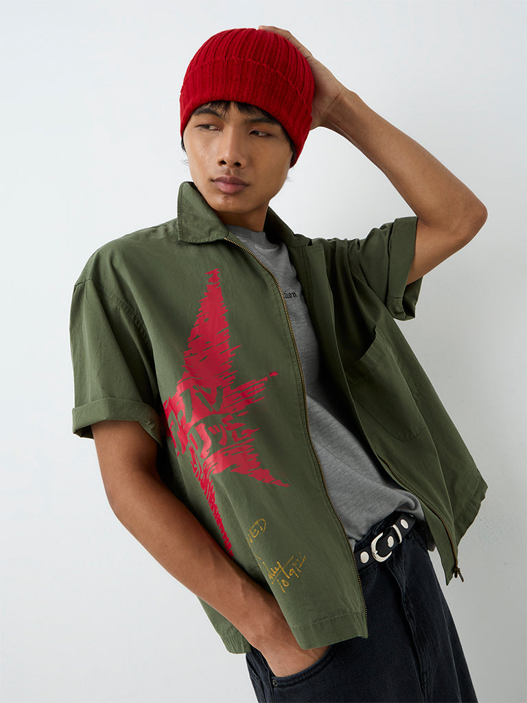 Nuon Dark Olive Star Printed Boxy-Fit Cotton Shirt