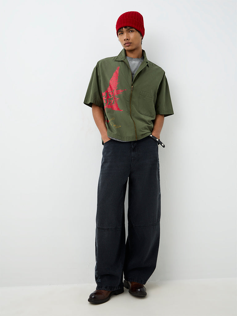 Nuon Dark Olive Star Printed Boxy-Fit Cotton Shirt