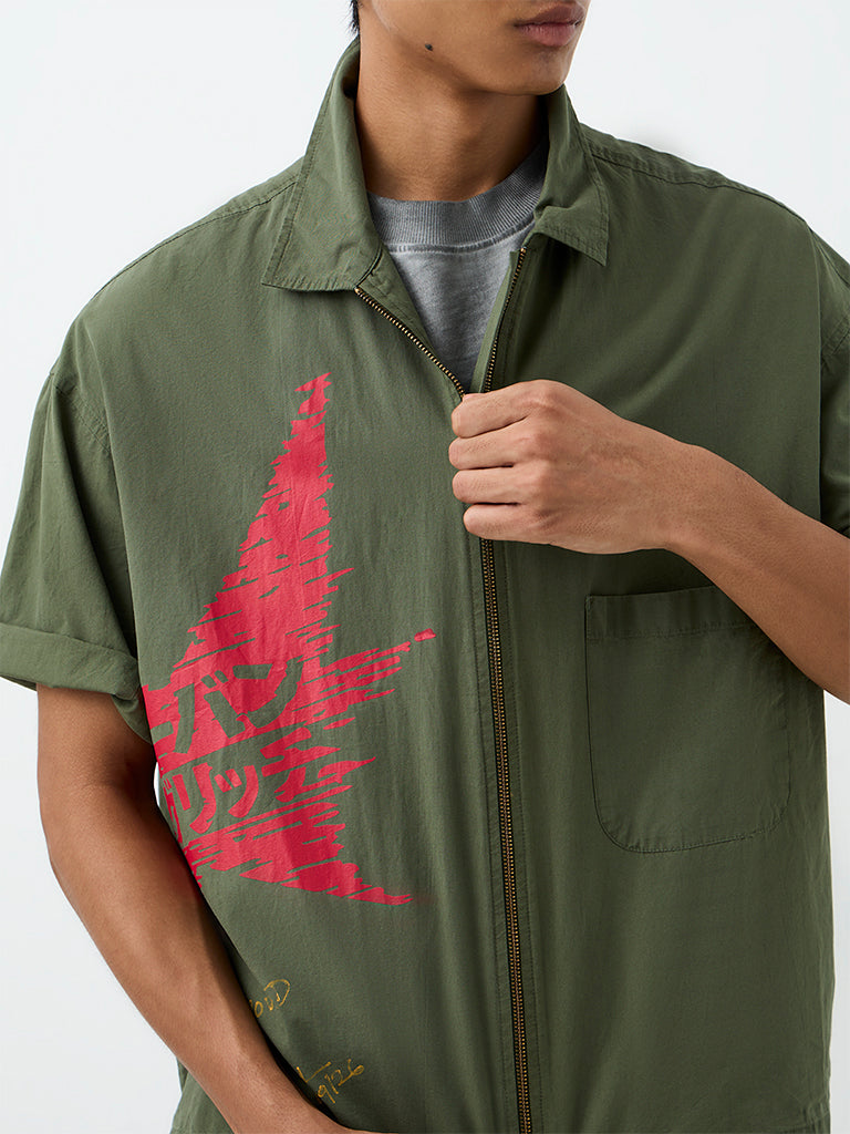 Nuon Dark Olive Star Printed Boxy-Fit Cotton Shirt