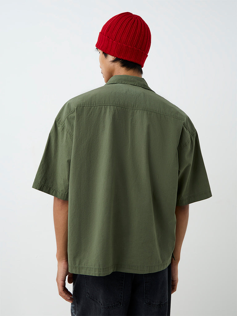 Nuon Dark Olive Star Printed Boxy-Fit Cotton Shirt